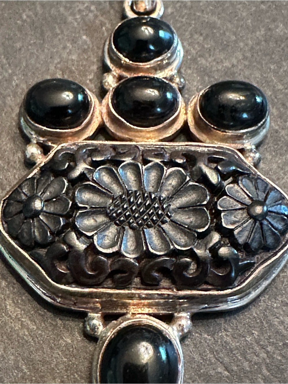 Sterling Silver Black Onyx Floral Pendant Statement Necklace - Picture 3 of 5